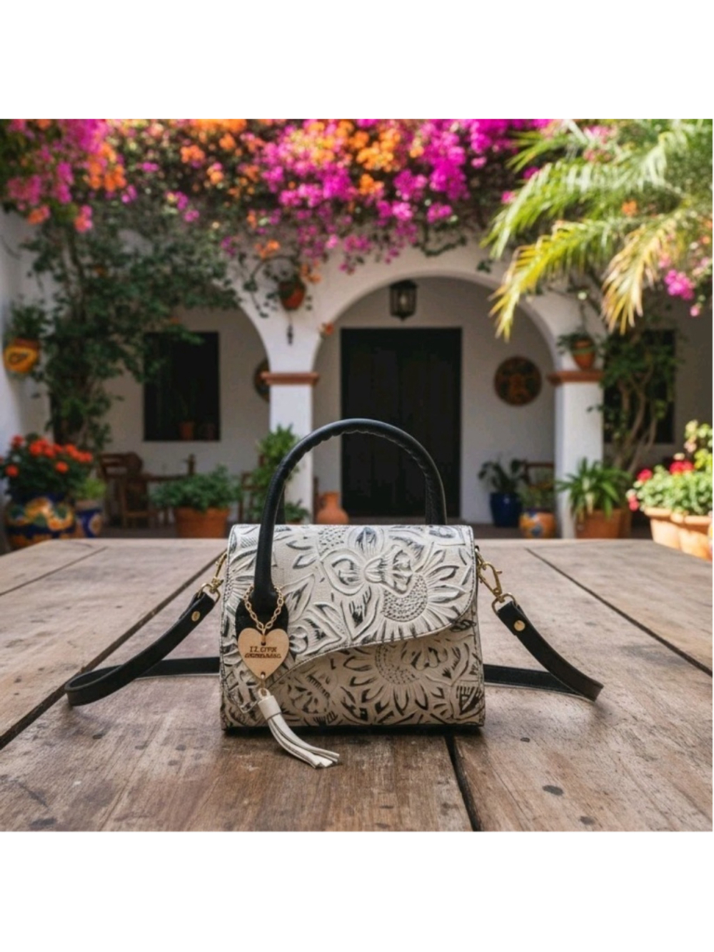 Black White & Silver Sunflower Embossed Artisan LEATHER Crossbody Bag Purse